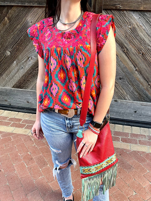 Colorful Embroidered Aztec Print Top-Sale - Wildfire and Lace
